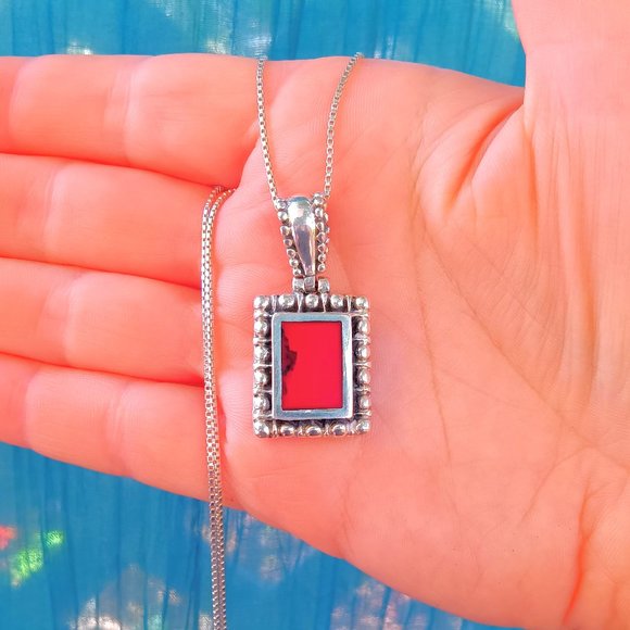 Vintage Sterling Silver Red Jasper Pebbled Pendant Necklace - Picture 8 of 13